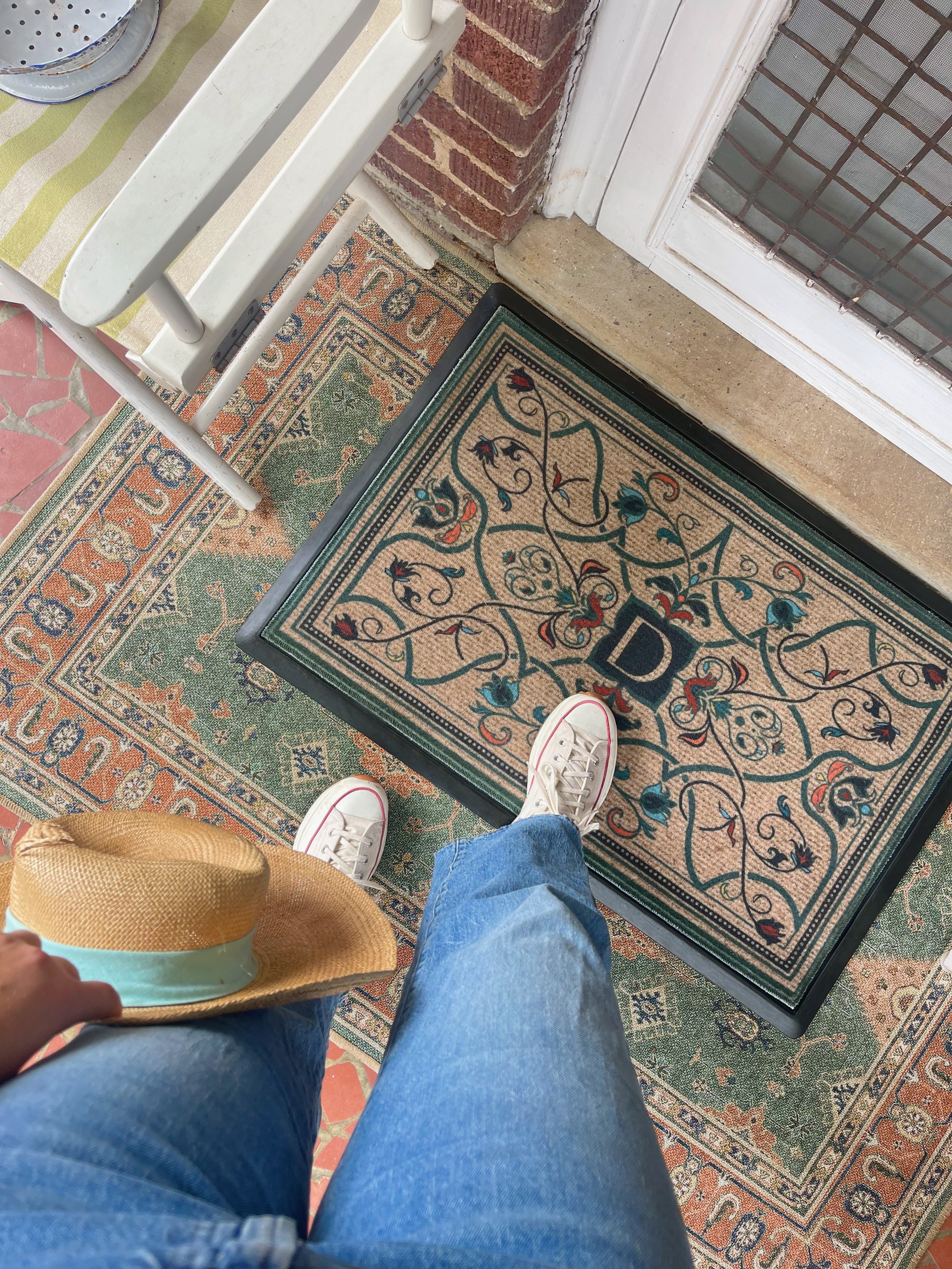 Maeva Monogram Dark Green Washable Doormat | Ruggable US