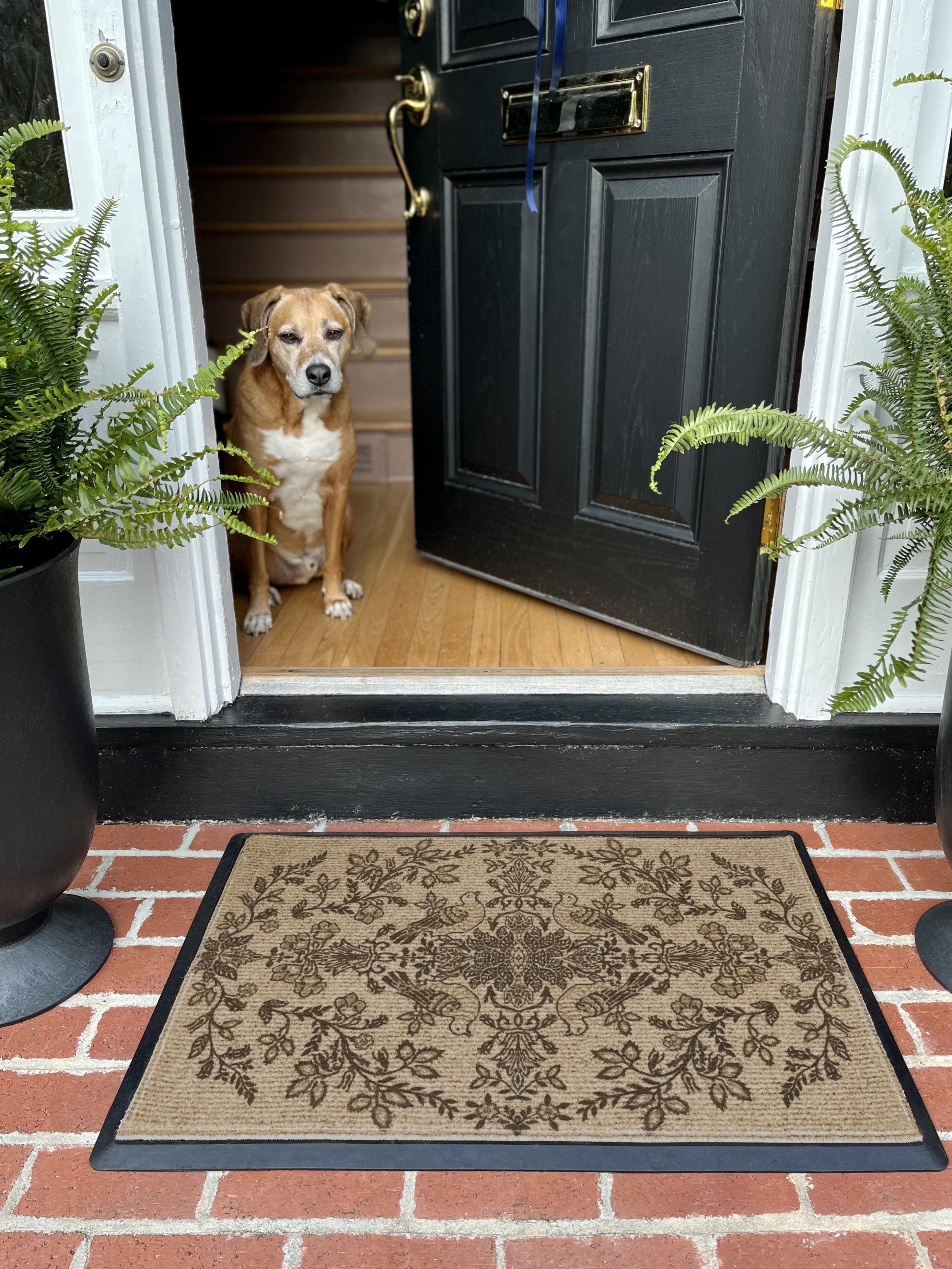 Morris & Co. Pure Dove & Rose Dark Wood Washable Doormat | Ruggable US