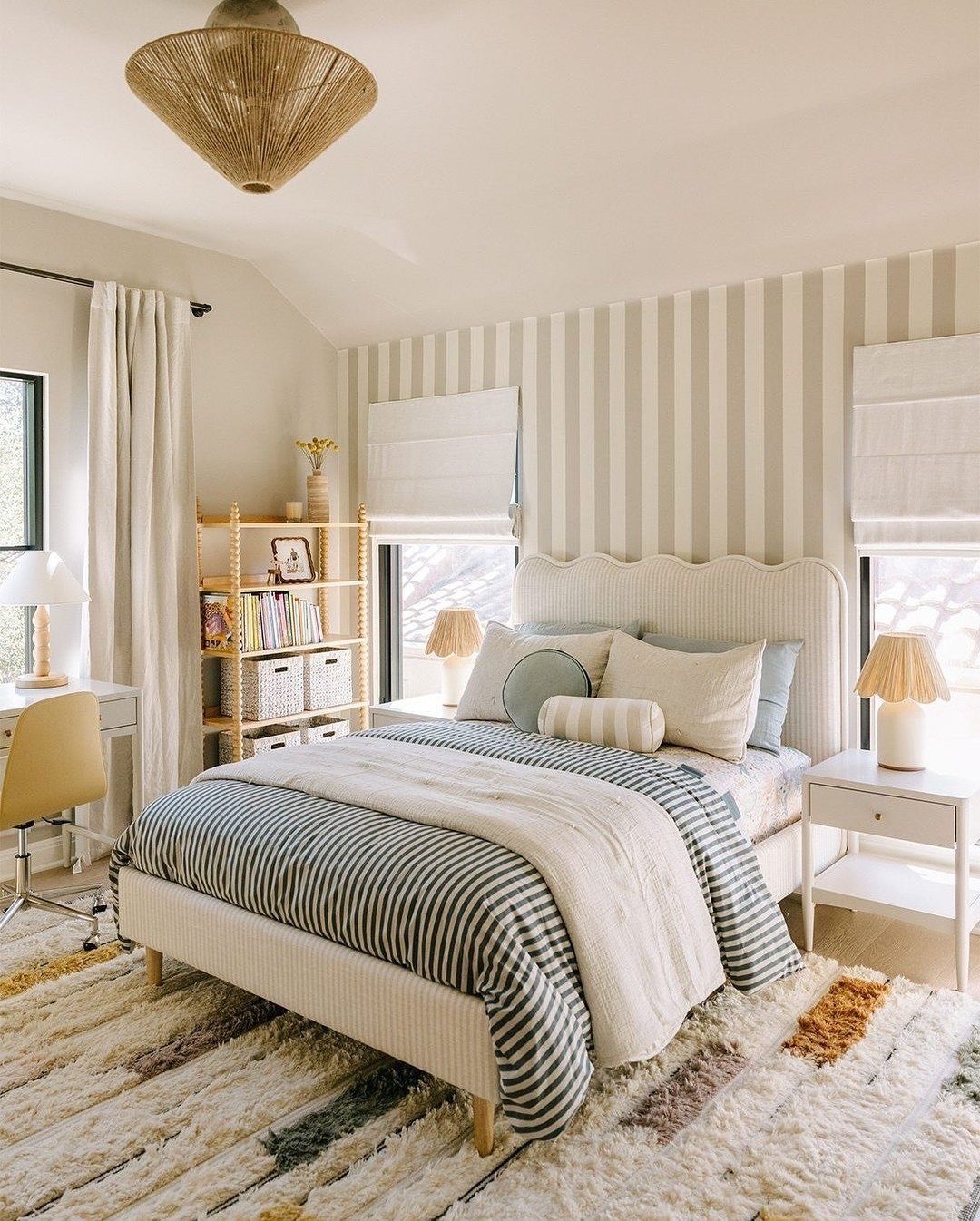 Waveland Ivory and Natural Stripe Upholstered Kids Full Bed +