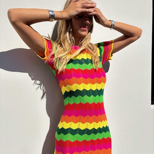mango striped crochet dress nwt MANGO mng open knit metallic striped maxi cover up dress M L