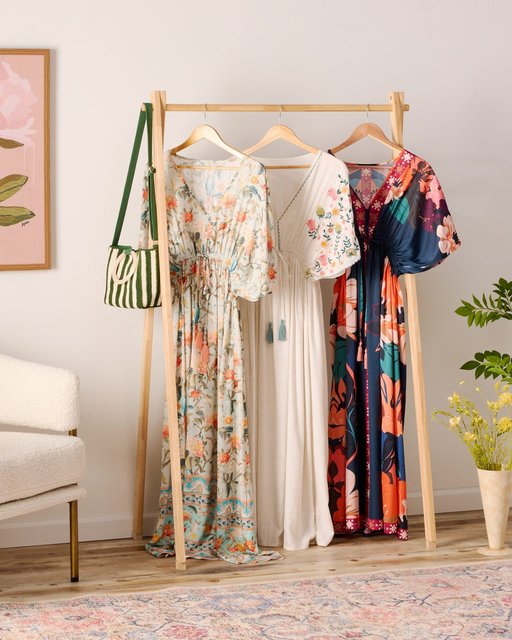 Mira Blue and Peach Alayna Bird Chinoiserie Kaftan Dress - World Market