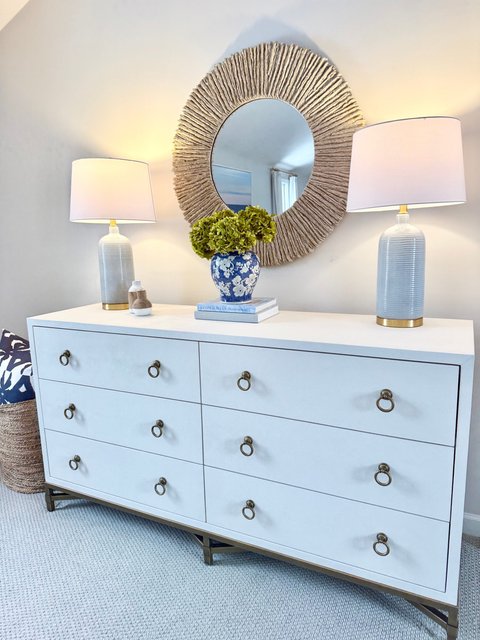 Simon Modern Pearl White Faux Shagreen Brushed Gold 6 Drawer Double Dresser  | Kathy Kuo Home