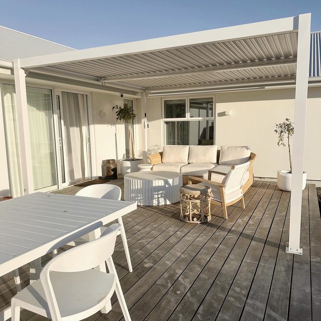 Far from the ideal tidy and clean situation I would have liked to share, but had to take advantage of the beautiful sun today to snap this space with our handy dandy outdoor louvre pergola which has really turned this area into another living area. As this deck is surrounded by dirt piles and mud we’ve got some footprints and in spring we will take all the furniture off, wash down the timber and oil it so it will be a beautiful brown tone again instead of greyed off. After that it will stay brown with just an oil required every couple of years. 
So much achieved outside over the two long weekends, feeling very happy we’ve had some substantial progress out here! 🏡