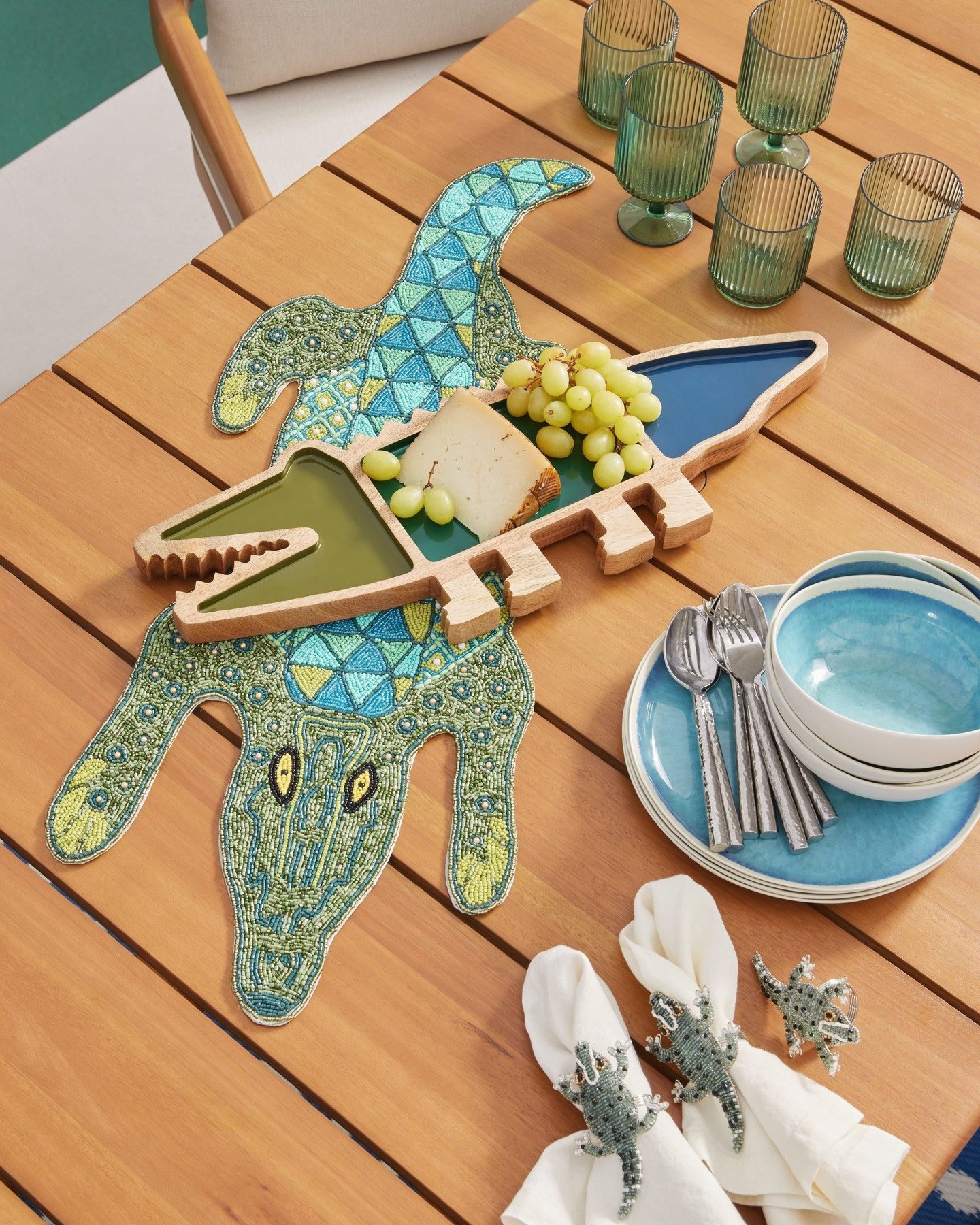 Green and Blue Enameled Wood Alligator Figural Serving Board