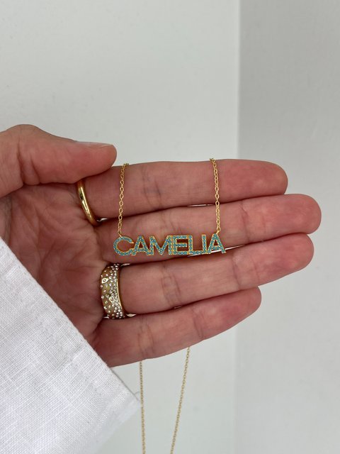 18K Gold Vermeil Semi-Precious Custom Nameplate Necklace - Turquoise