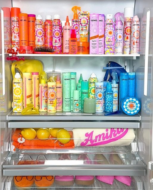 Yes, our @amika haircare has its own fridge 💁‍♀️🤭 Spot any of your faves?