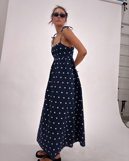 fitted lace wedding dress Annabelle Polka Dot Split Maxi Dress Medium / Light Blue main image 1