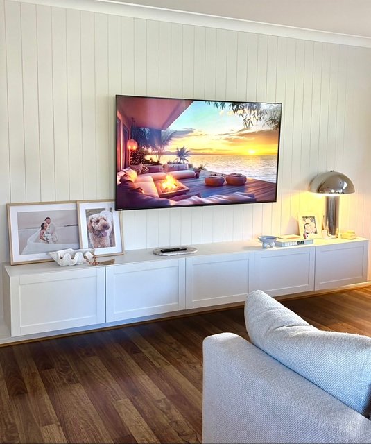 Family room- what we created with vj paneling and the ikea Besta tv benches🤠⚡️