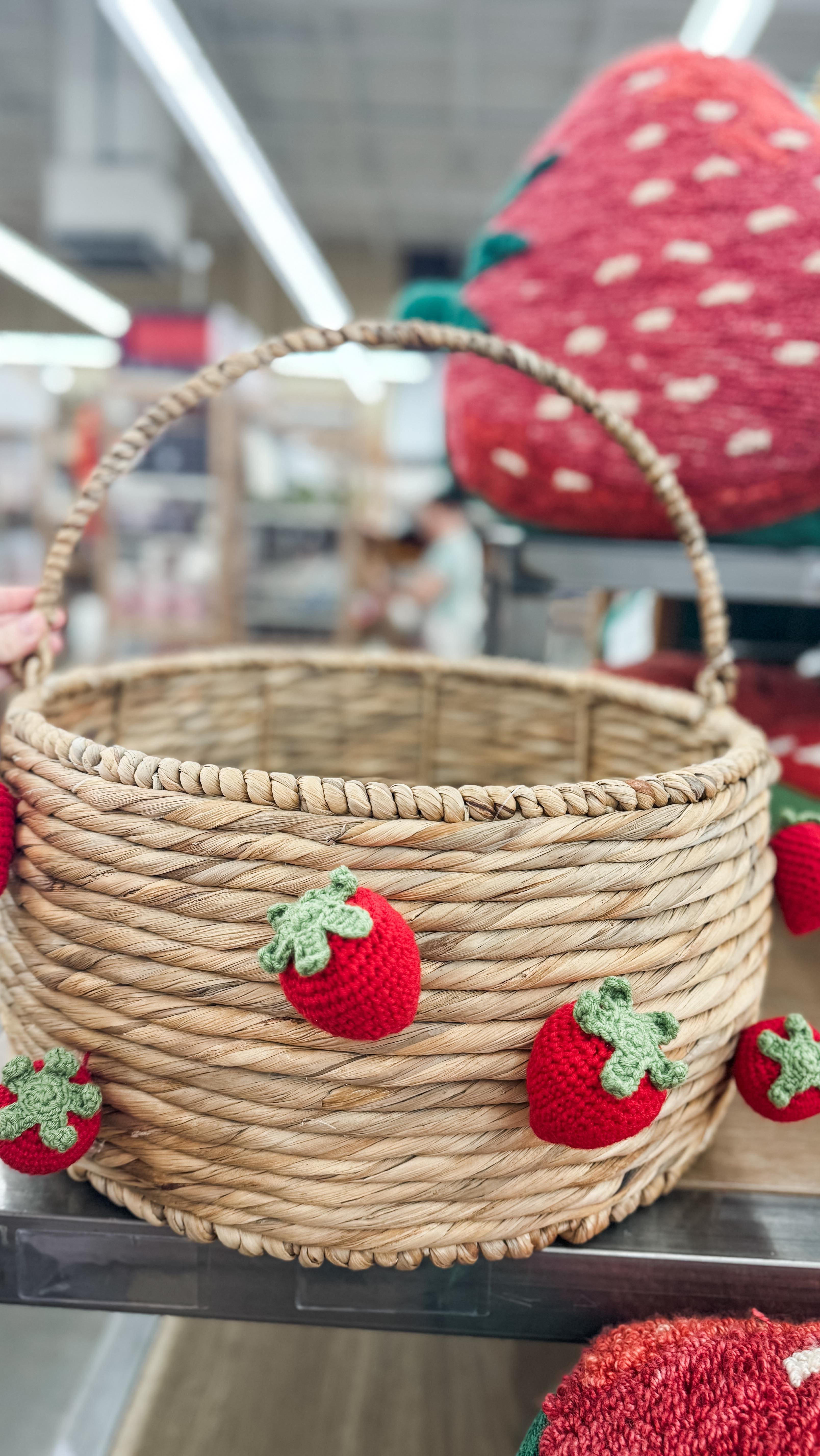 Natural Hyacinth and Crocheted Strawberry Basket with Swing Handle