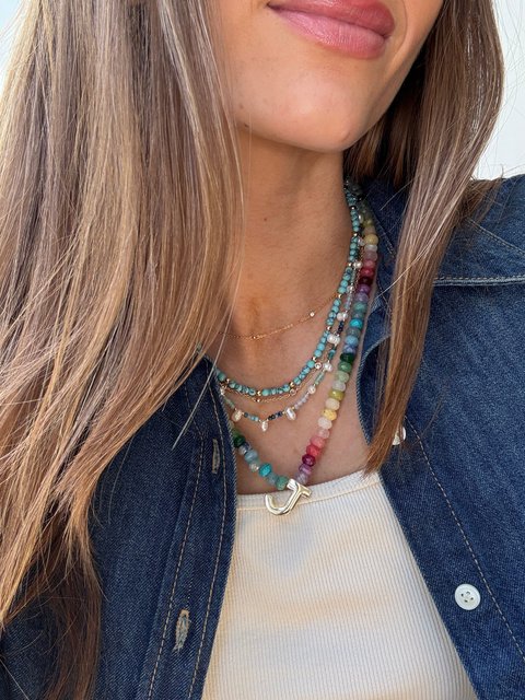 Semi-Precious Block Initial Necklace - Multi