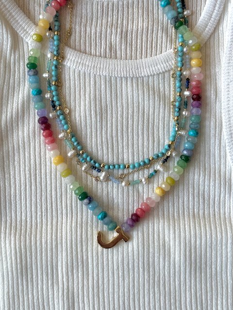 Semi-Precious Block Initial Necklace - Multi