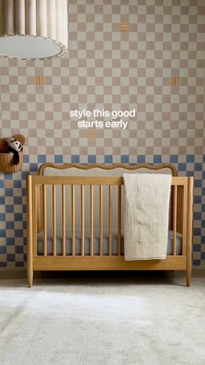 Play Waveland Natural Oak Wood and Upholstered Performance Stripe Convertible Baby Crib with Toddler Bed Rail - video 0 of 0