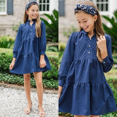 Polished and playful 💙 This navy textured dress is timeless, twirl-worthy, and perfect for adding sweet charm to her fall wardrobe.

$40 >> Girls: The Payton Navy Blue Textured Dress