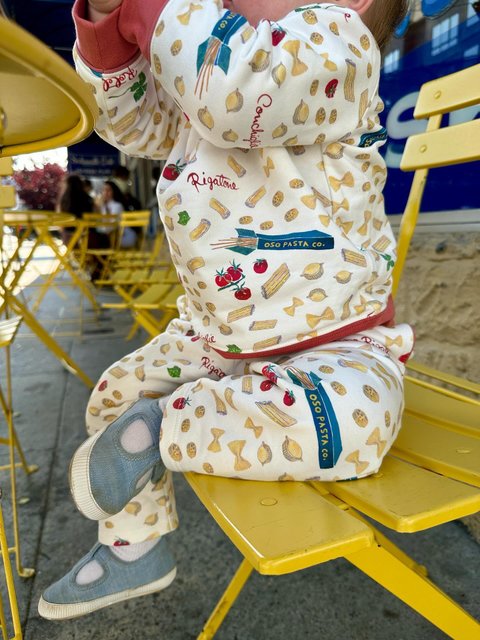 A closer look at our Basta Pasta print....

Basta Pasta is inspired by our founder Claire’s tradition of making homemade pasta with her family. Featuring a hand-painted print on extra soft organic Pima cotton French terry, this playful set is perfect for your little ones - especially the pasta lovers!