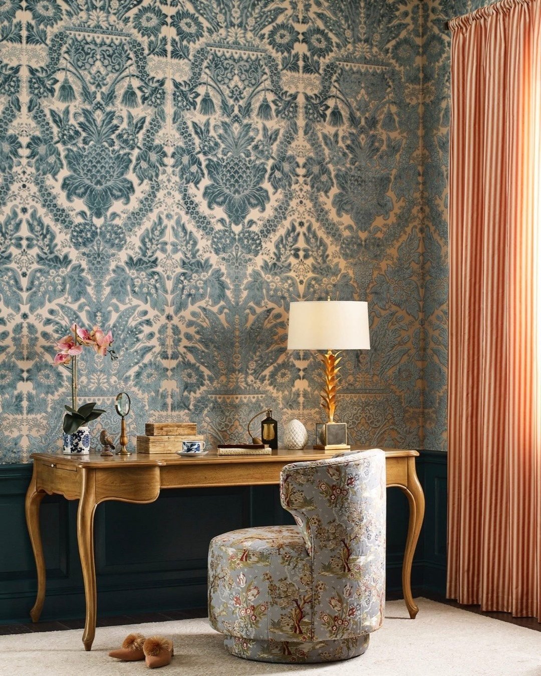 Avignon Brocade Peach Sky Fabric | Scalamandre