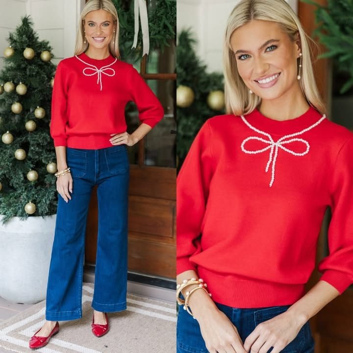 ニット/セーター Ameri vintage 2WAY TWO TYPE HOOK KNIT Another Day Red Pearl Embellished Sweater – Shop the Mint