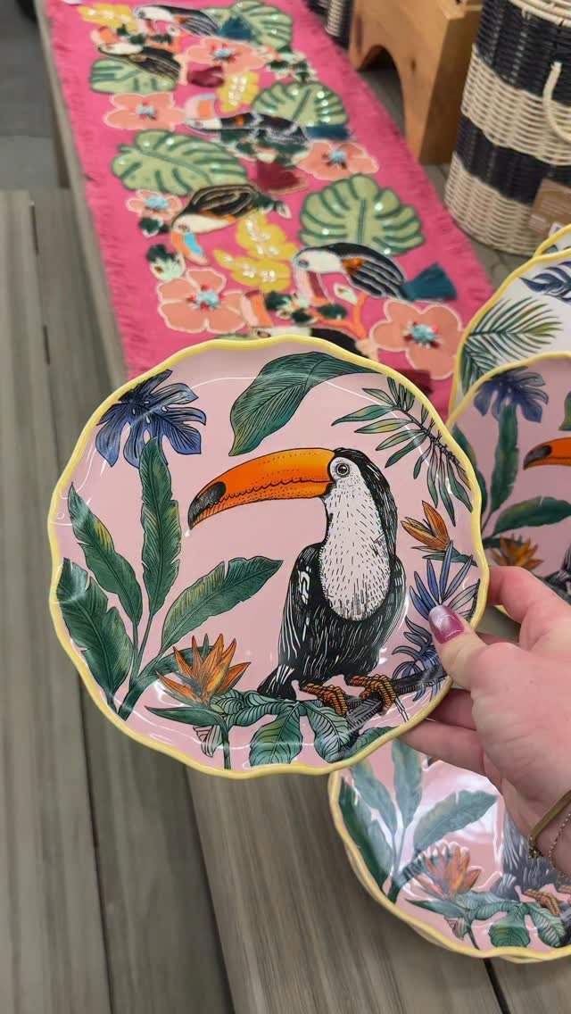 Tropical Cabana Pink Toucan Scalloped Salad Plate - World Market