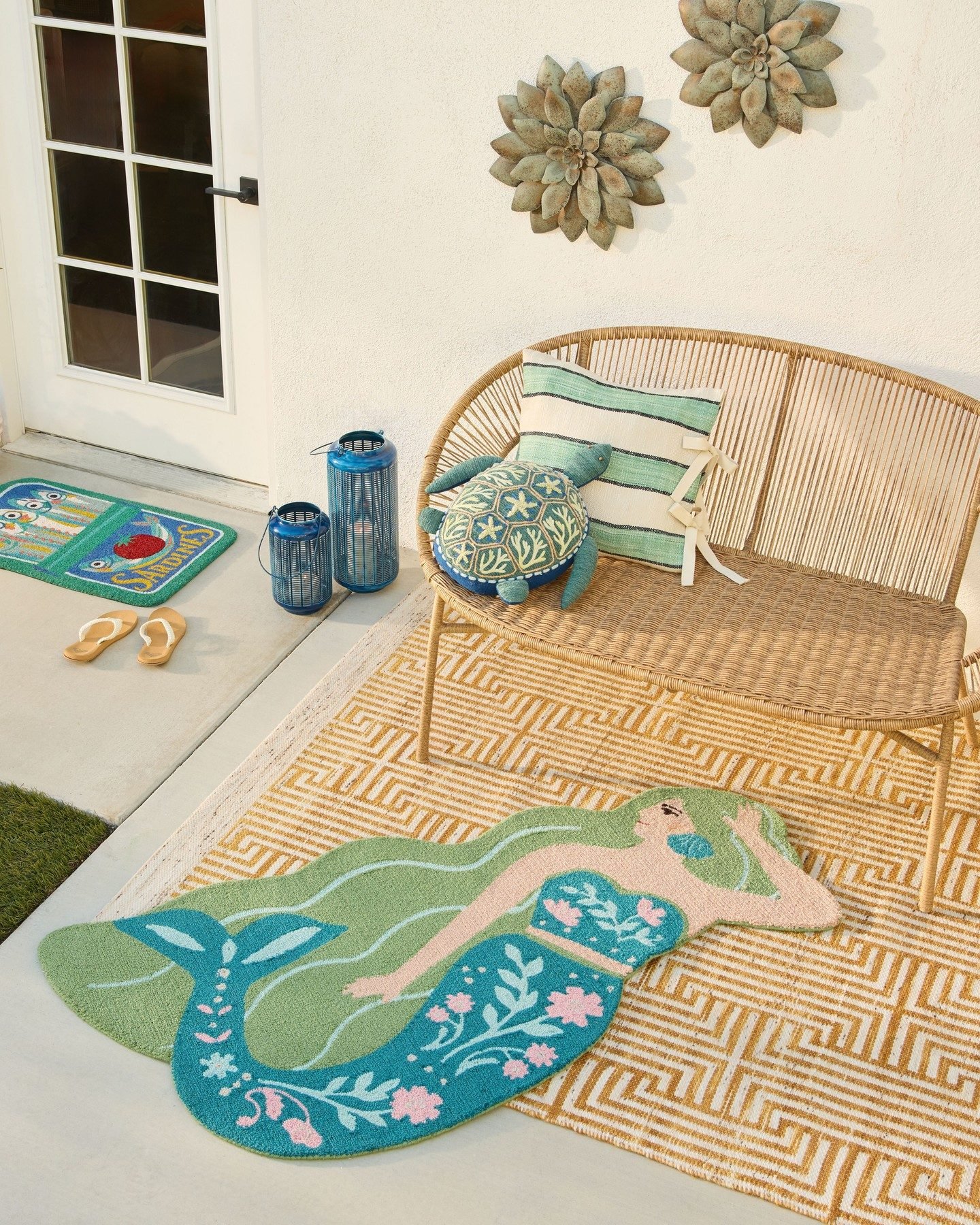 Blue and Aqua Tinned Sardines Hand Tufted Coir Doormat - World Market