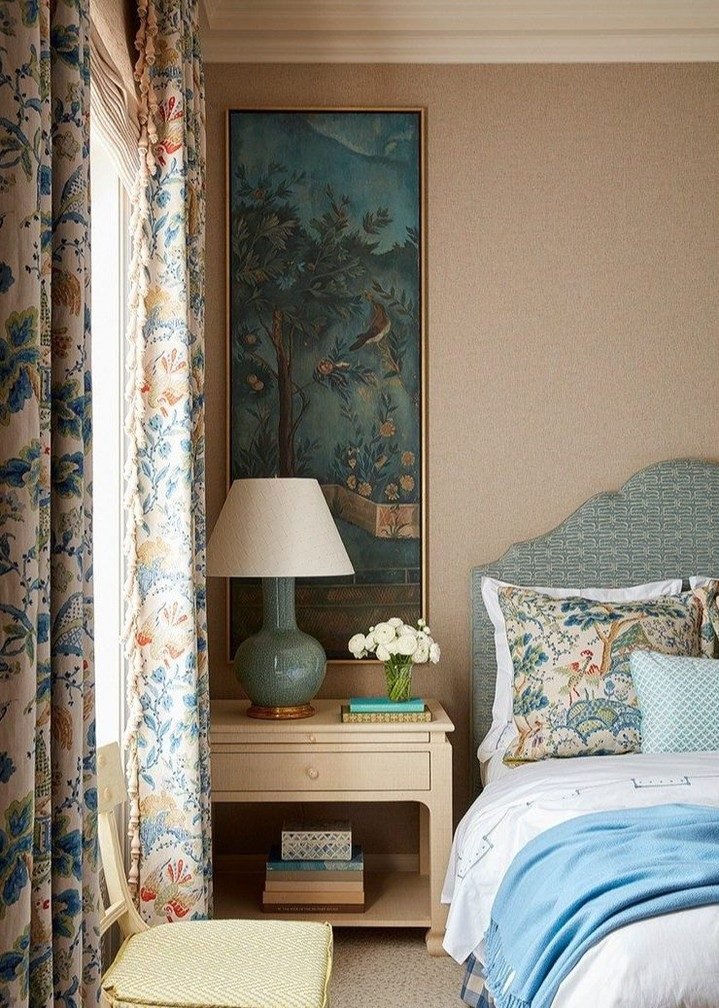 Kelmescott Hand Block Print Peacock On Sand Fabric | Scalamandre