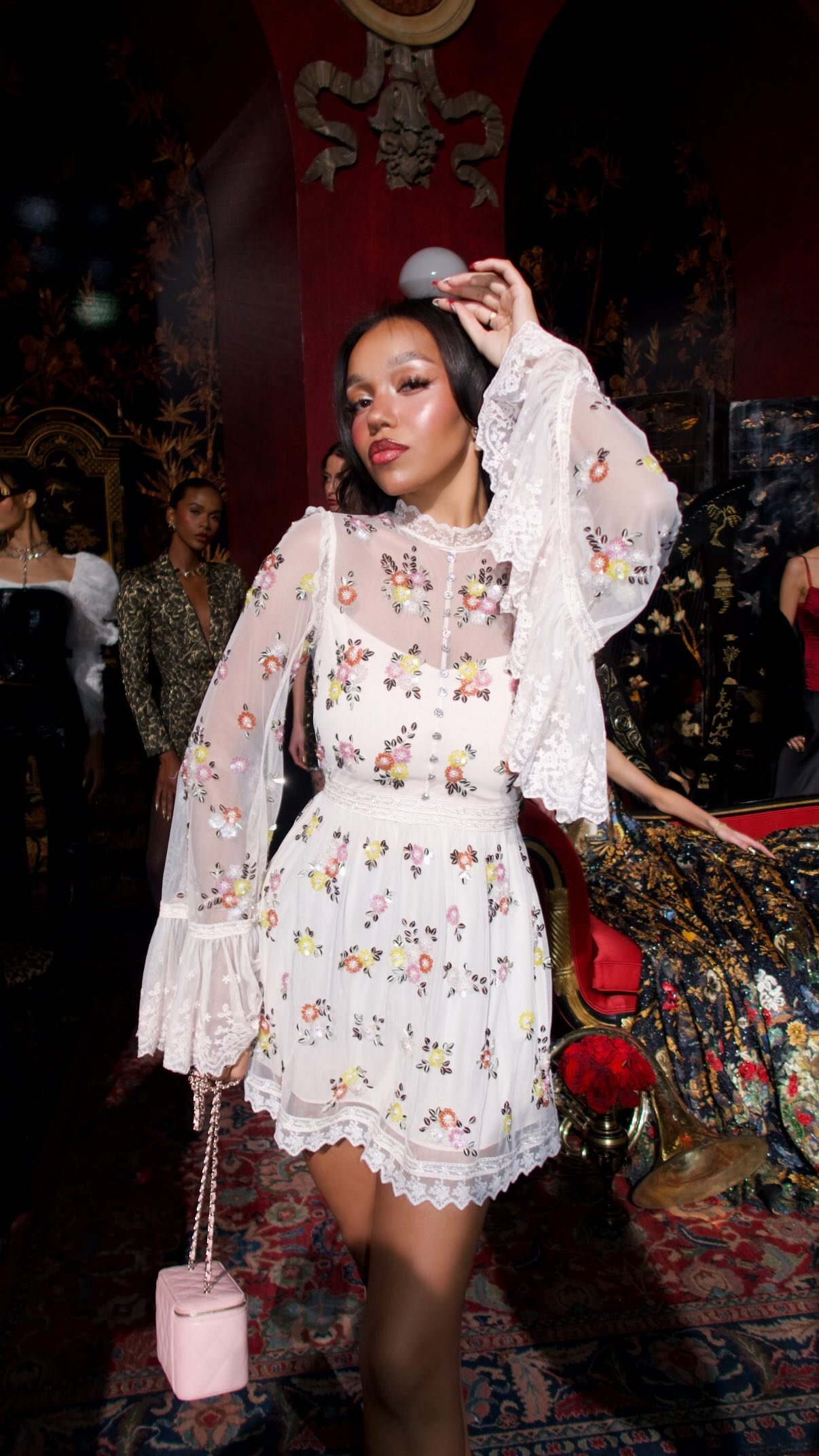 ALLEGRA EMBELLISHED LACE MINI GOWN in PALE PINK | ALICE + OLIVIA