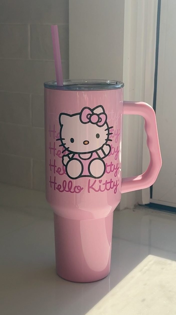 Hello Kitty Pink Waving Stainless Steel Drink Tumbler with Straw