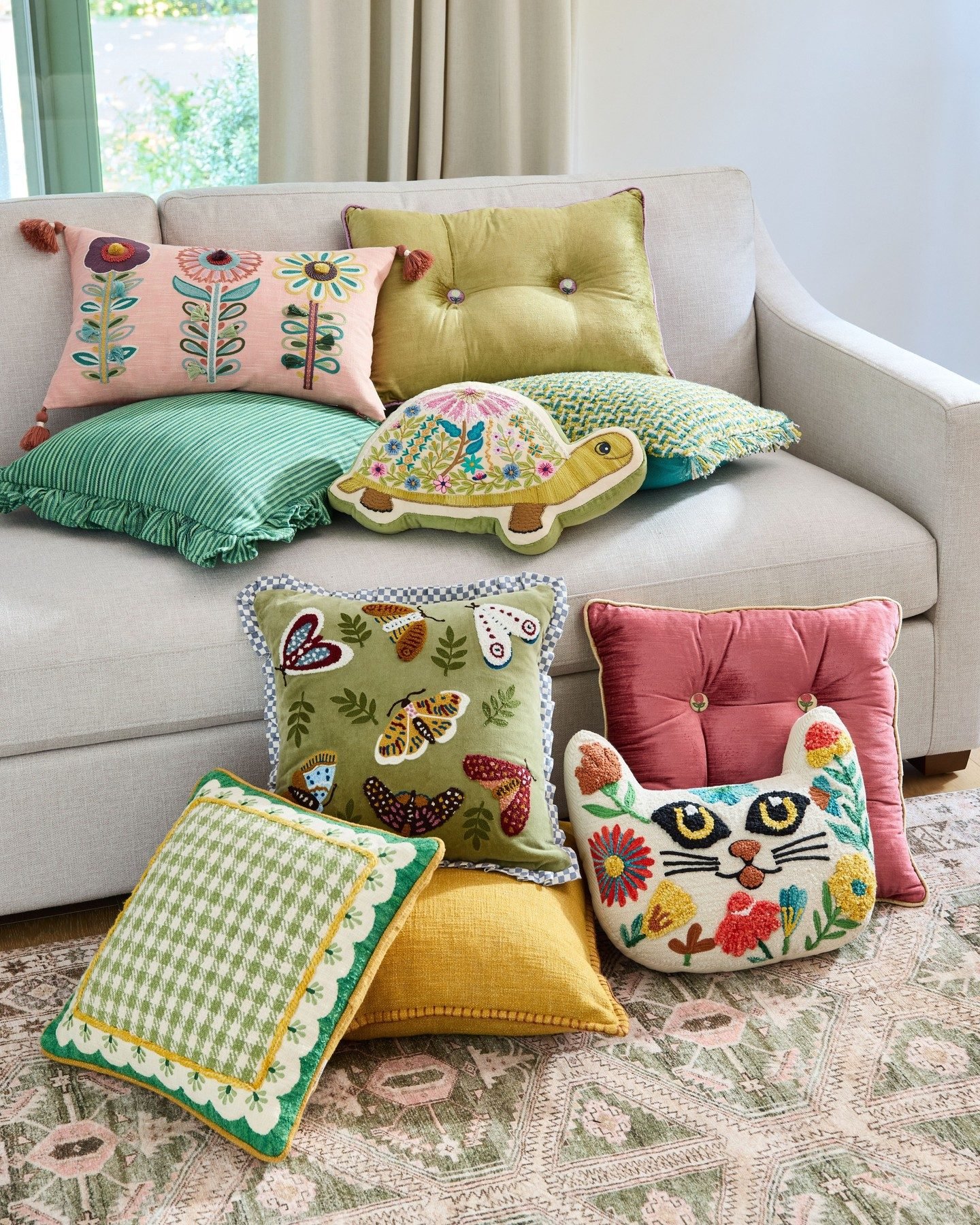 Green and Lilac Velvet Floral Tufted Lumbar Pillow - World Market