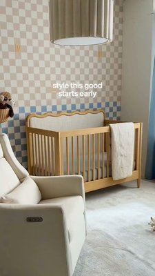 Play Waveland Natural Oak Wood and Upholstered Performance Stripe Convertible Baby Crib with Toddler Bed Rail - video 0 of 0
