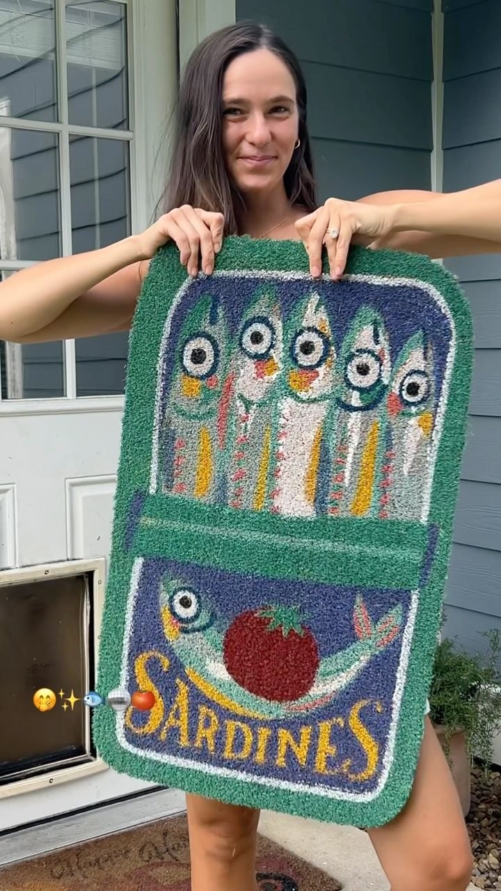 Blue and Aqua Tinned Sardines Hand Tufted Coir Doormat - World Market